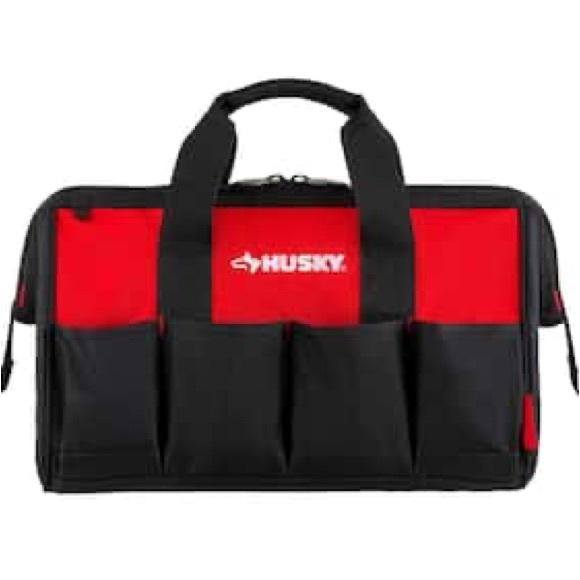 Husky Red and Black Men's 18” Tool Bag, 14 Large Pockets Wide Mouth Opening - Picture 1 of 15